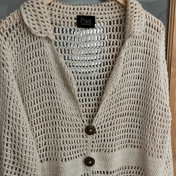 Pure Handknit Cream Crochet Open-Knit Cardigan with Brown Buttons Sz XL - Picture 2 of 8